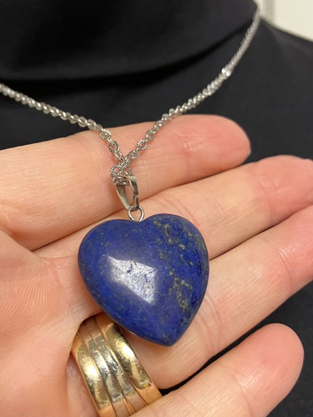 Genuine Lapis Lazuli Gemstone HEART Pendant 18-inch Stainless Steel Chain NEW